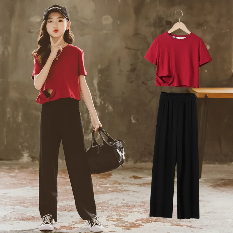 

Комплекты одежды для девочек 2023 г. Летняя Корейская новая детская футболка с короткими рукавами + свободные противомоскитные штаны комплекты дизайнерской одежды для девочек