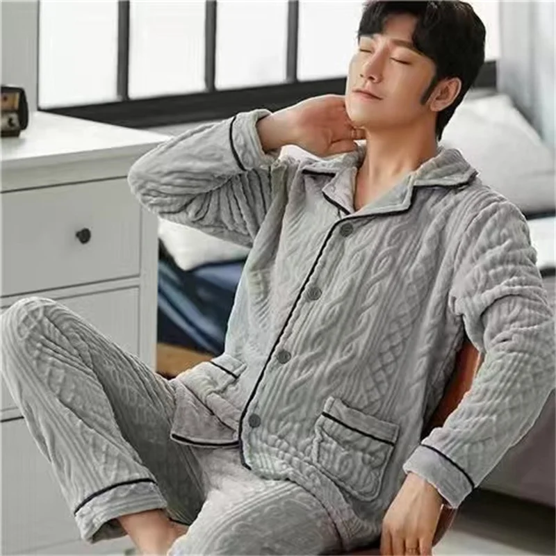 Coral Fleece Pajama Sets Men Thick Warm Flannel Winter Pyjamas Sets Long Sleeve Nightwear Casual Loose Sleepwear