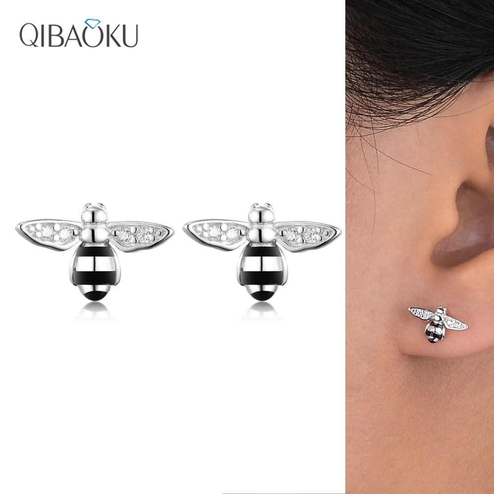 

Sterling Silver 925 Epoxy Bee Stud Earrings Shining Zircon Ear Jewelry Cute White Gold Earring Anniversary Party Gift for Women