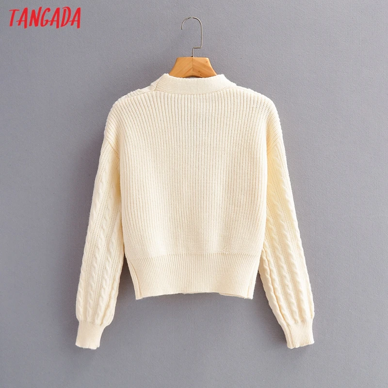 

Tangada Women Elegant Twist Beige Pearl Buttons Cardigan Vintage Jumper 2021 Knitted Cardigan 1F308