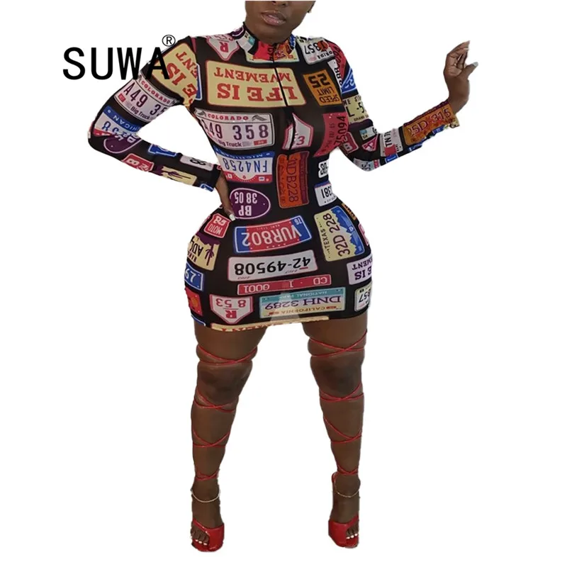 

Letter Printed Moto Biker Slim Fit Dress Women Casual Deep V-neck Long Sleeve Bandage Dress Streetwear Front Zipper Skinny Dress