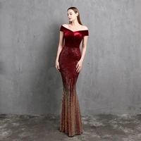 off the shoulder mermaid formal evening dress for wedding party sequined beading long velet backless large prom dress