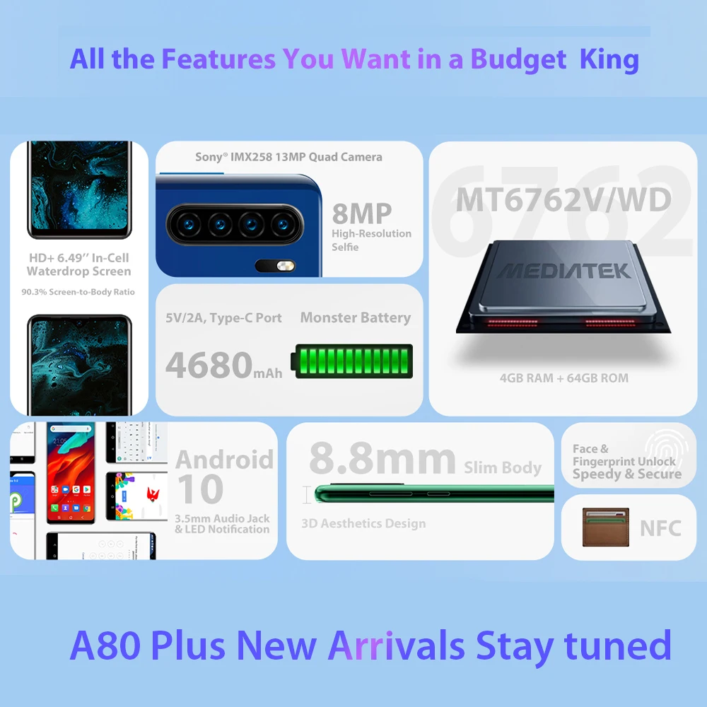 Blackview A80 плюс 4 Гб + 64 смартфон на базе восьмиядерного процессора 6 49 ''HD Экран Quad