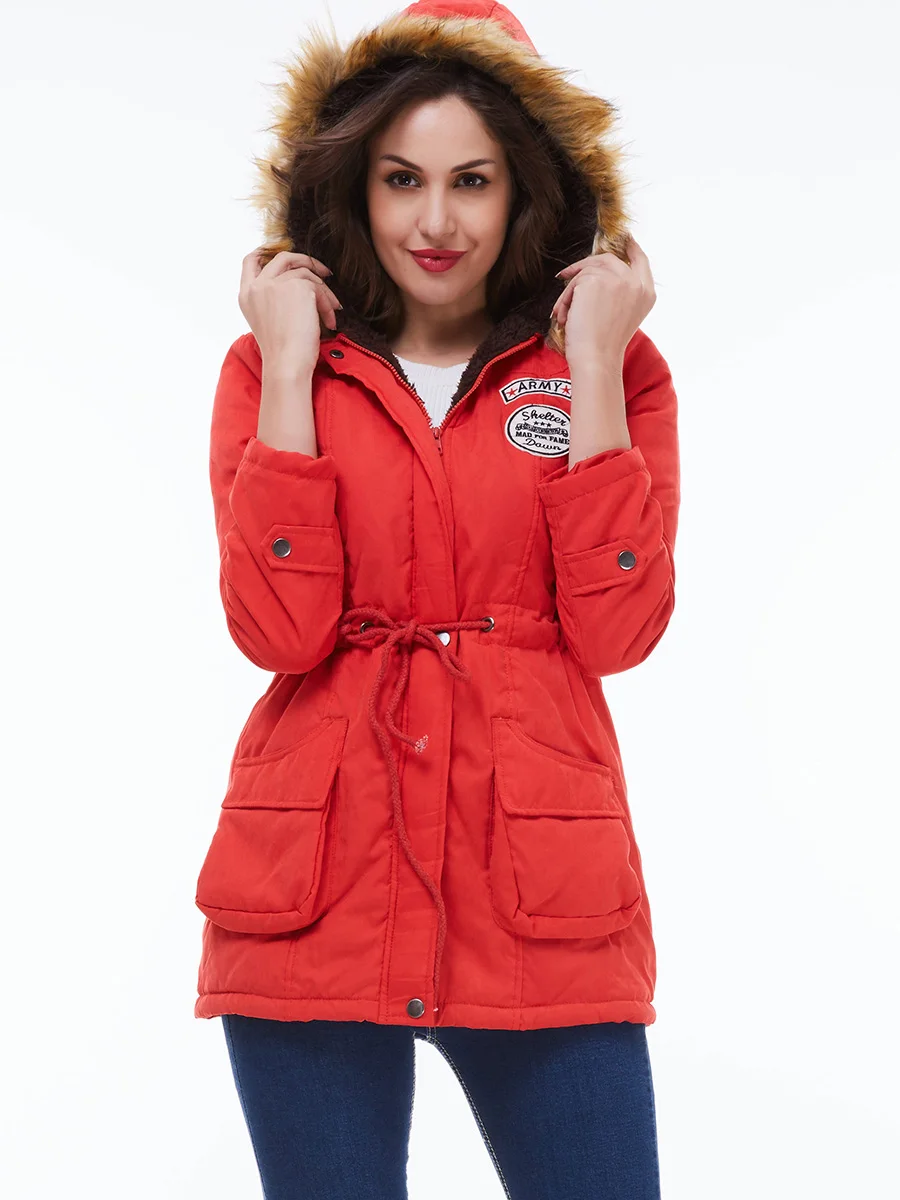 

2021 Women's Coat Warm Winter Coat Black OL Ladies Pus Size Slim Hooded Zipper Solid Pocket Green Female High Street Overcoat