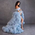 Светильник-голубое очень пушистое Тюлевое платье для фотосъемки платья для беременных с открытыми плечами и оборками в несколько рядов с пышной юбкой спереди