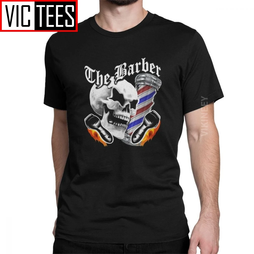 Парикмахерская футболка с черепом и пламенными бритвой Мужская хлопковая