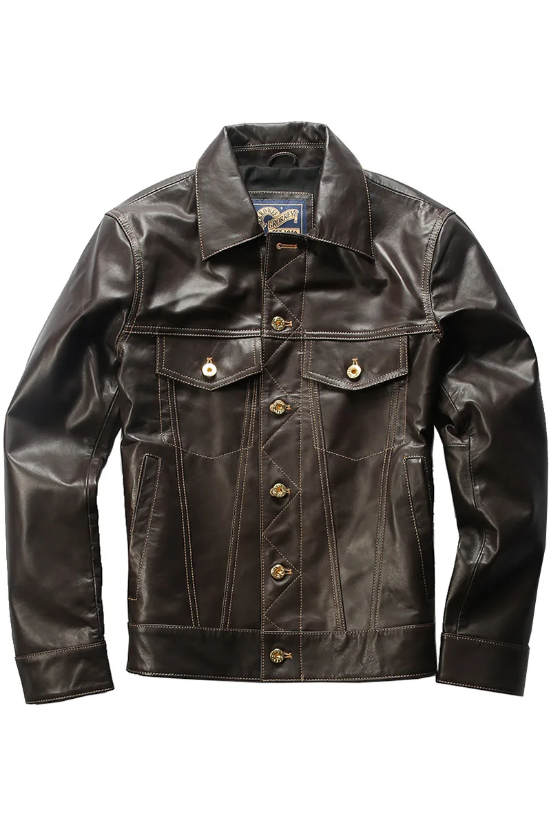 

slim Brand men's fit genuine leather jacket American cow boy style sheepskin leather coat men fashion blue coffee color