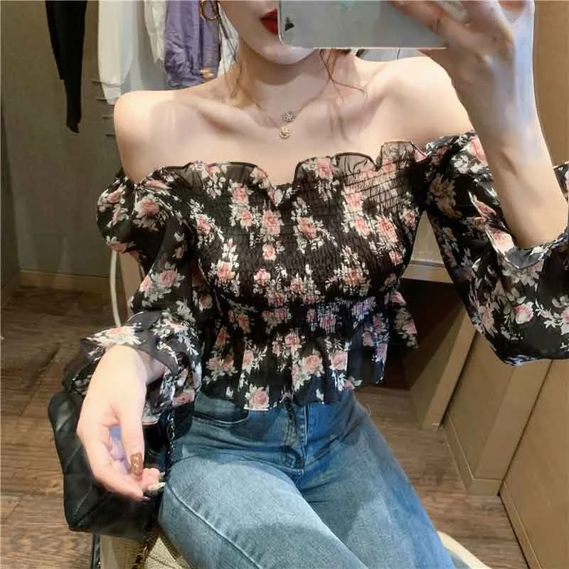 

Super Sexy Sun Protection Top Fashionable Short Sleeve Chiffon Shirt Women 2021 New Long Internet Celebrity off-Shoulder Floral