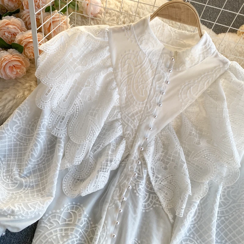 

elegant women pink lace shirts lantern sleeve ruffles shirts women blusas de mujer ropa de mujer white ruffles tops lady