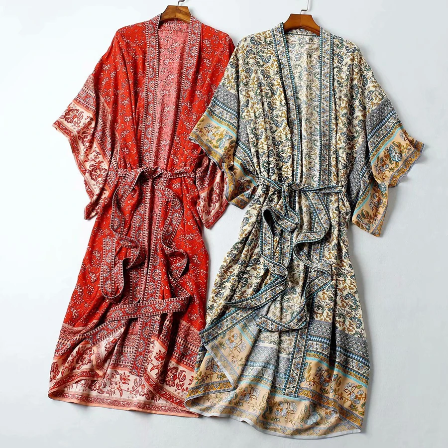 Женское кимоно из искусственного шелка с цветочным принтом | Женская одежда