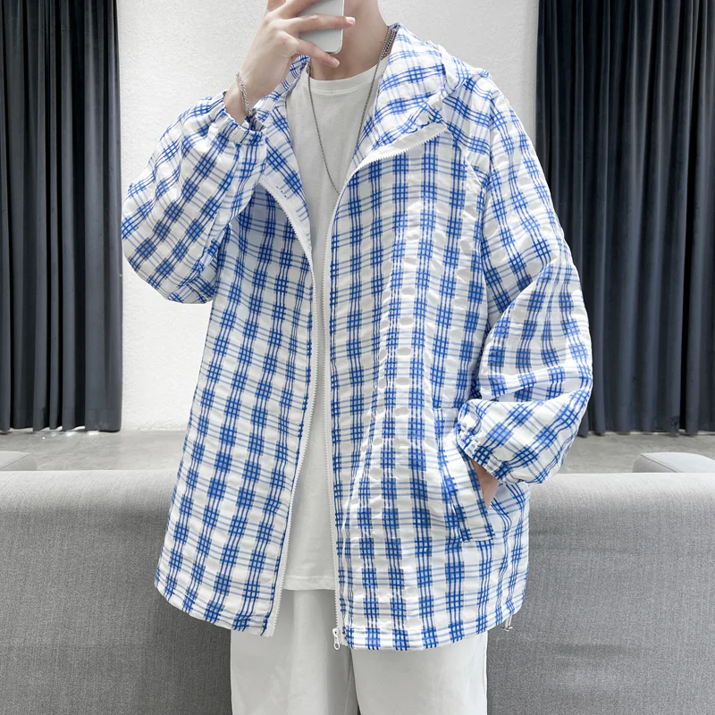 

2021 Summer Streetwear Thin Couple Sun Protection Clothing Korean Fashion Hip Hop Plaid Sports Hoodie Kpop Oversized Jacket Men