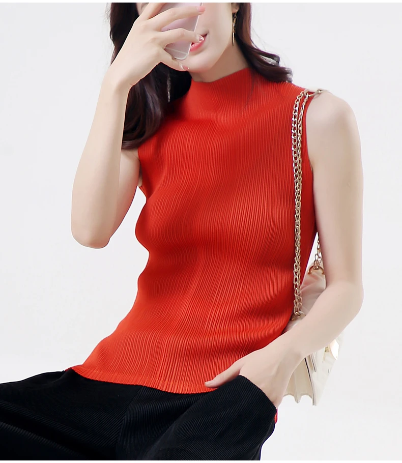 Лидер продаж модная женская футболка миаке без рукавов со складками и высоким