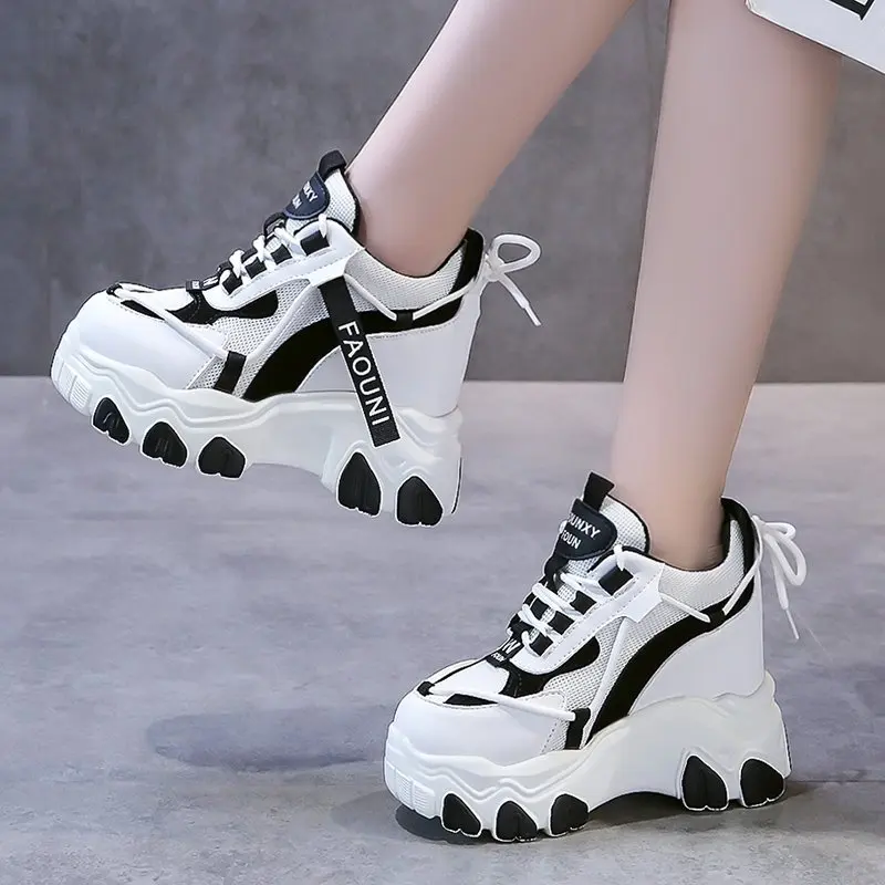 

High Platform Women Sneakers 2021 Spring Stylish Thick Sole Casual Shoes 9CM Breathable Mesh Walking Woman Zapatos Mujer BD-17