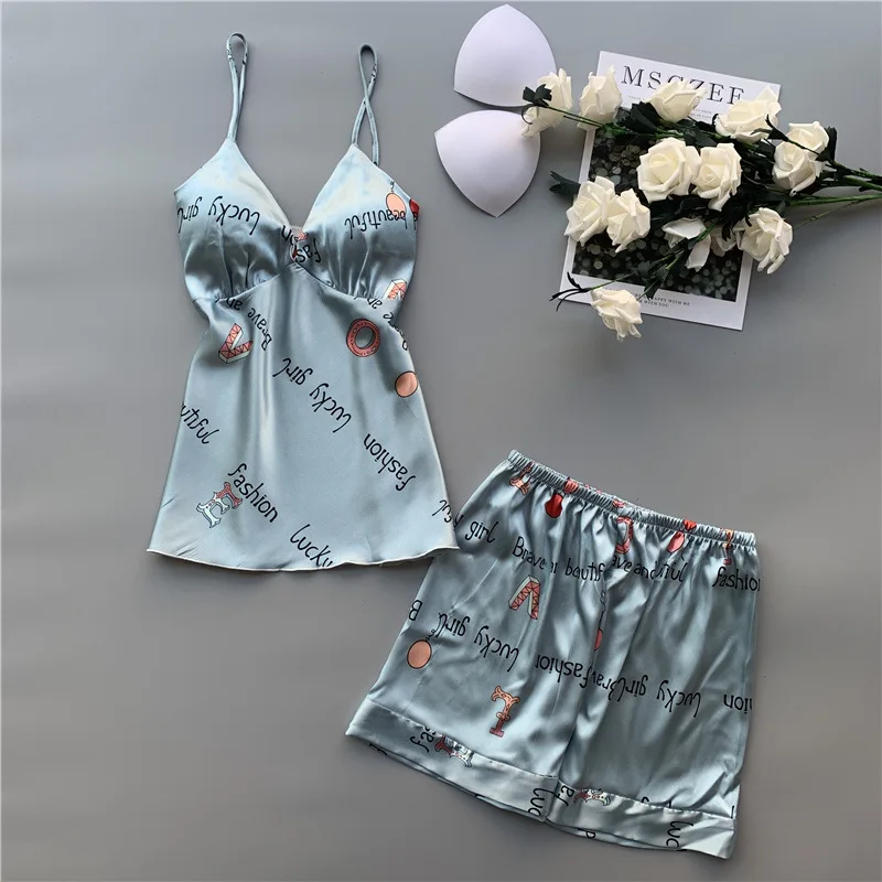 Women's Sleepwear Sexy Satin Pajama Set V-Neck Pyjamas Sleeveless Cute Cami Top and Short pijama mujer | Женская одежда