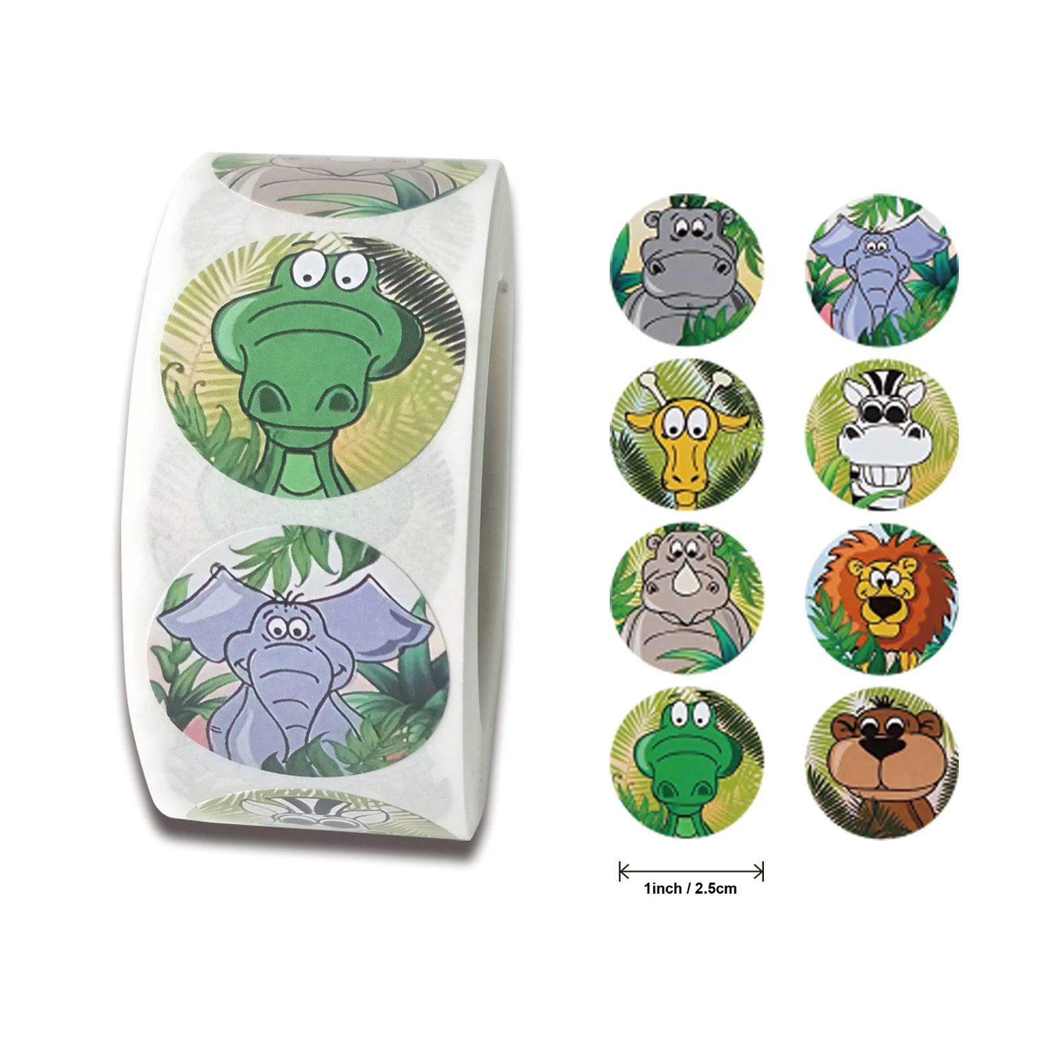 

Children's cute cartoon paper customized 1 inch 500pcs per roll round sticker tropical rainforest animal sticker
