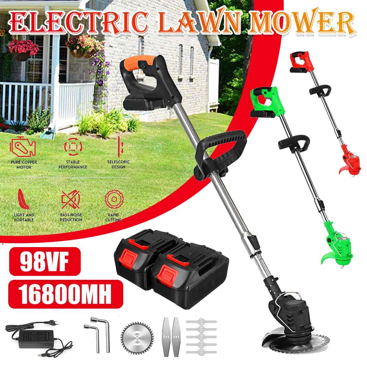 

98V Cordless Grass Hedge Trimmer 20000RPM Electric Lawn Mower Handheld Adjustable Mowing Machine with 2pcs Battery Garden Tool