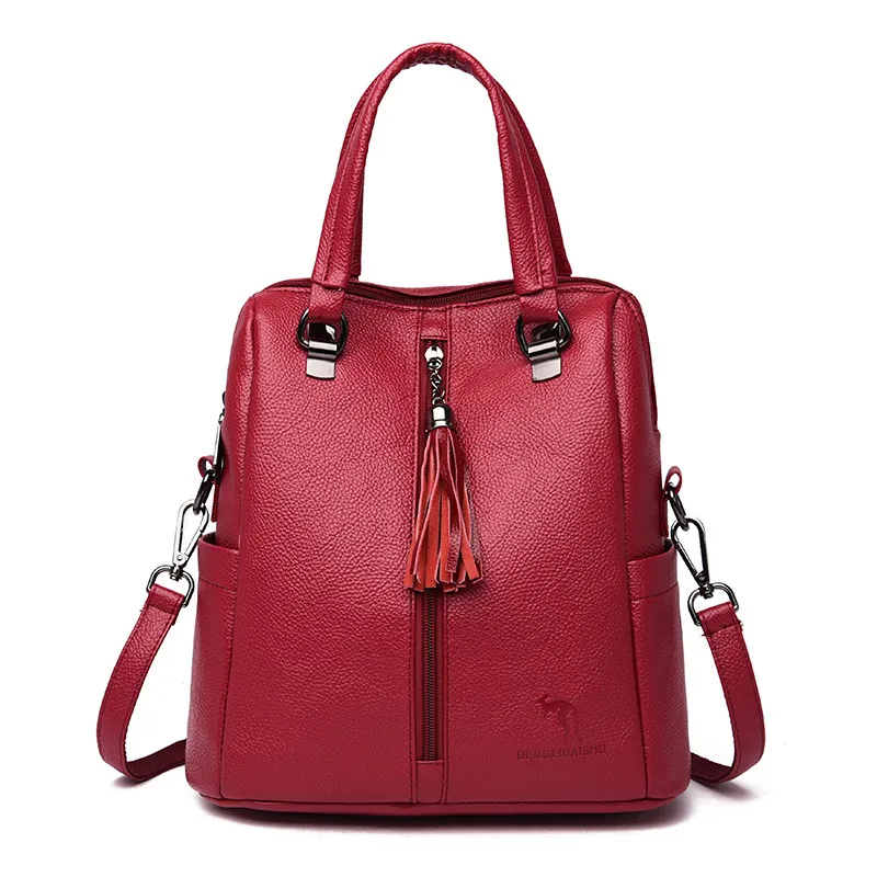 Wine red 3 в 1 многофункциональные женские кожаные рюкзаки, женские винтажные сумки на плечо, Sac a Dos Femme, Дамский рюкзак, Одноцветный рюкзак для путешествий - Цвет: Wine red