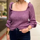 Детский мохеровый шерстяной джемпер, Осень-зима, женский свитер с оборками и длинными рукавами с воздушными шарами и квадратным вырезом, Женский винтажный шикарный элегантный пуловер