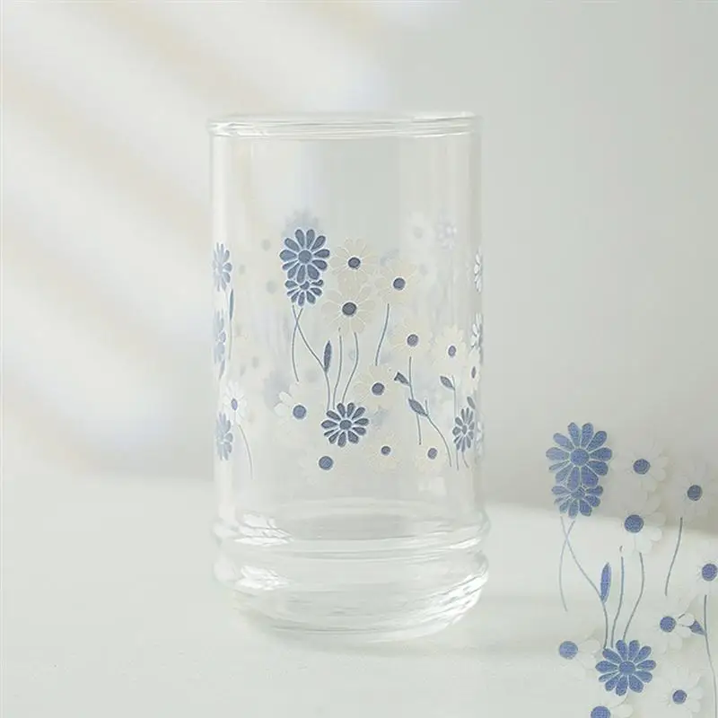 1Pc Glass Cup Coffee Water Milk Mug Flower Pattern Office Teacup Home |