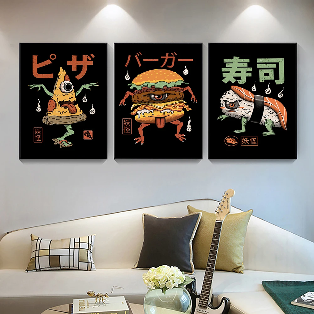 

Cartoon Art Foods Picture Yokai Pizza Burger Sushi Nordic Canvas Painting Wall Art Posters Prints Kitchen Restaurant Home Decor