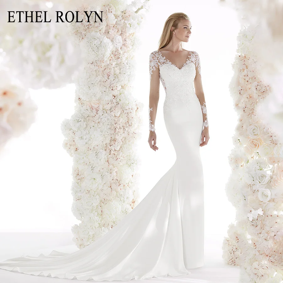 

ETHEL ROLYN Sexy V-neckline Romantic Satin Mermaid Wedding Dresses 2020 Illusion Long Sleeve Beaded Lace Appliques Wedding Gowns