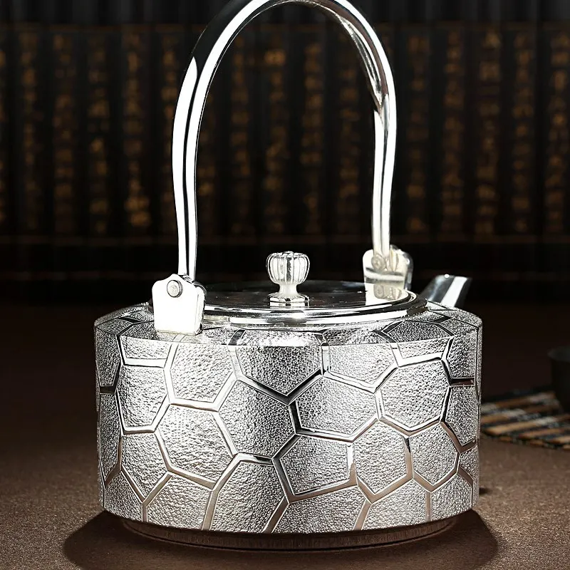 

Silver pot, teapot, tea set, handle pot S999 long mouth handmade silver water cube kettle, about 925g, 1000ml