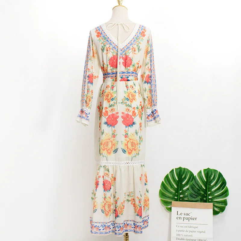 

kpop IU Lee Ji Eun spring new temperament fashion Long dress women Streetwear Flowers print loose V-neck long-sleeved dresses