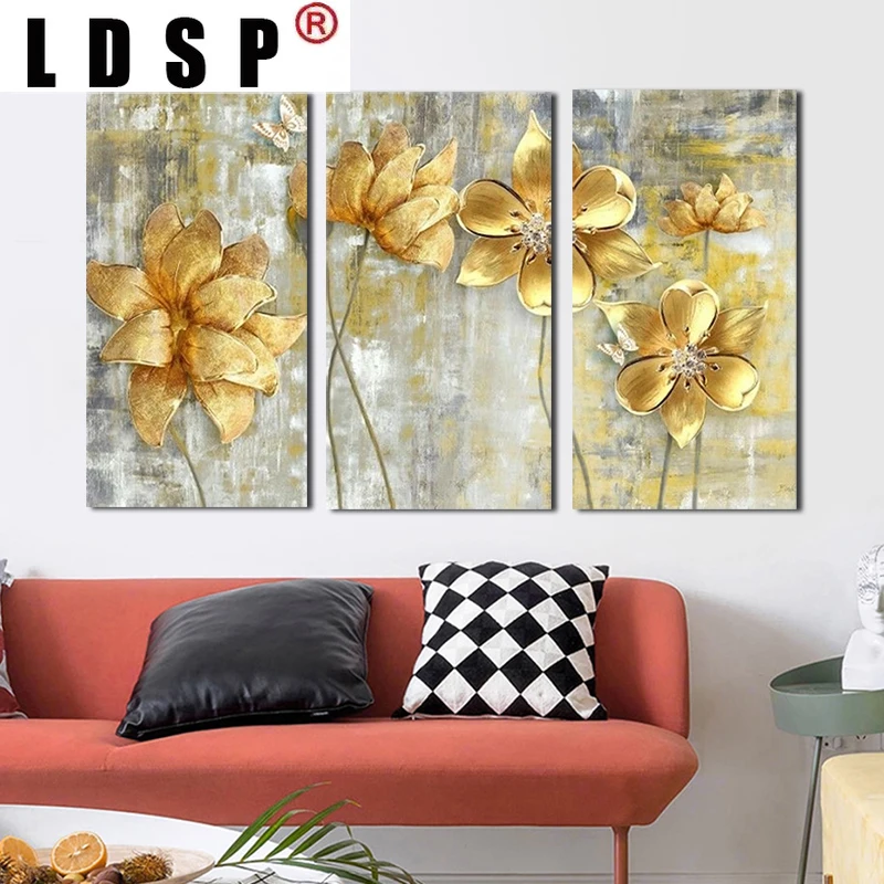 

LDSP Yellow Lotus Combined Canvas Painting Landscape Wall Art Golden Posters And Prints Pictures for Living Room Home Decor