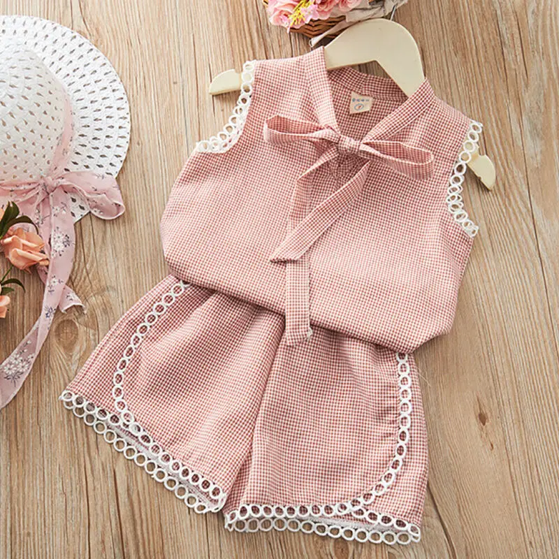 

2pcs Plaid Sleeveless Bowknot Vest and Trousers Children's Summer Casual Suit