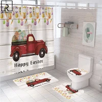 happy easter rabbit car eggs print shower curtain set polyester bathtub screen bath mat set toilet cover bathroom accessories