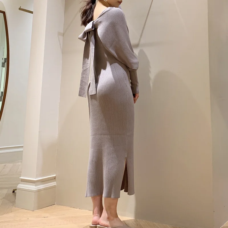 

2021 Spring New Two Piece Set Knitted Solid Slim High Waist Dresses Bowknot Drawstring Elegant Puff Sleeve Design Vestido Korean