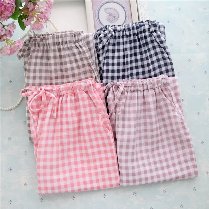 

Summer Ladies Pajamas Knitted Cotton Pants Men's Women Plaid Trousers Loose Casual Sleep Bottoms Sleepwear Pants Pijamas Pyjama