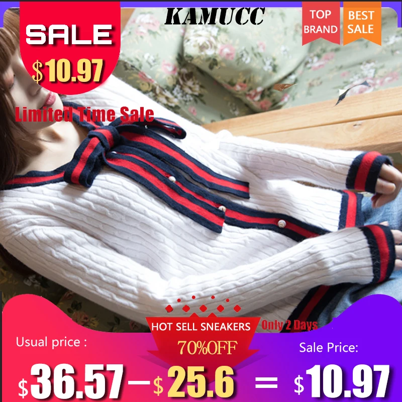 

Женский уютный Стильный кардиган, элегантный свитер на пуговицах с жемчугом, жакет в офисном стиле с галстуком-бабочкой, полосатый галстук-...