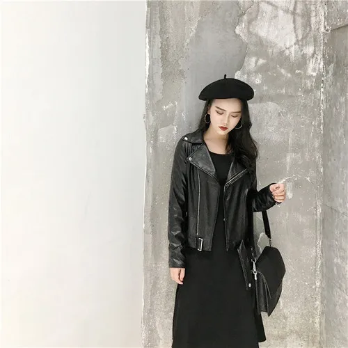 

Женская мотоциклетная куртка с отложным воротником и длинным рукавом, черная куртка из искусственной кожи, весна-осень 2020