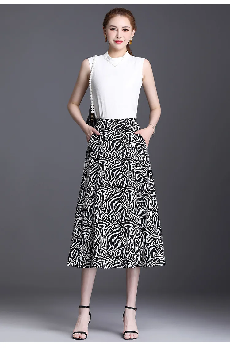 

Summer Leopard Chiffon Elegant A-line Mid-long Skirt Women Fashion Loose Casual Plus Size Vintage High Waist Skirts Office 8508