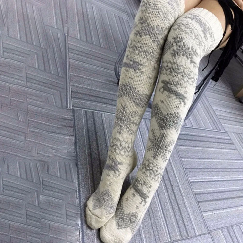 New Hot Women Christmas Knitted Stockings Thickened Thigh High Over Knee Long Snowflakes Elk Pattern Socks YAA99 | Женская одежда