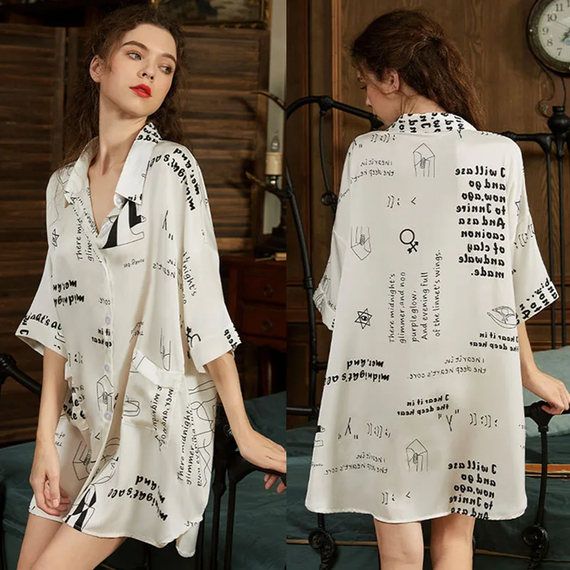 Принт ночная рубашка сатиновая Пижама Для женщин сексуальная свободное Дамское