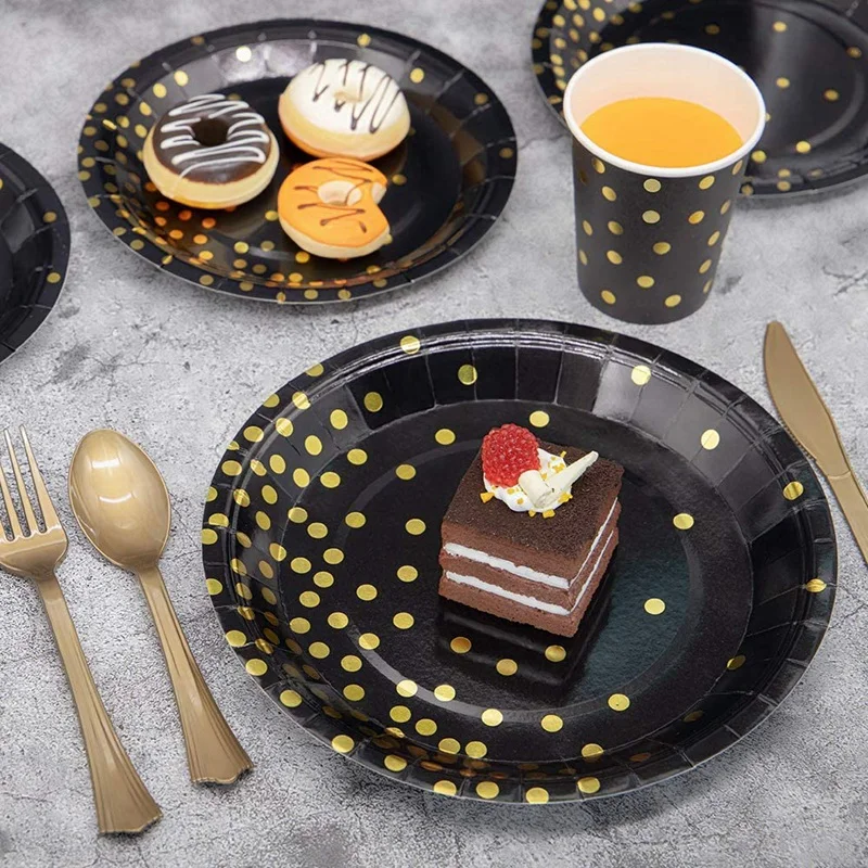 

Party Supplies-350 PCS Disposable Dinnerware Set-Black Paper Plates Napkins Cups, Gold Plastic Forks Knives Spoons