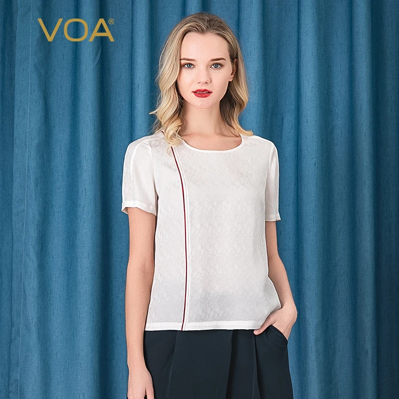 

VOA Silk 22 M/m Jacquard Ivory White Summer Streetwear Short SleeveSimple Leisure Commuter T Shirt B89 Women Fashion Tops
