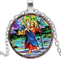 saint christopher art glass cabochon pendant necklace traveler pendant saint christopher prayer fashion necklace necklace gift