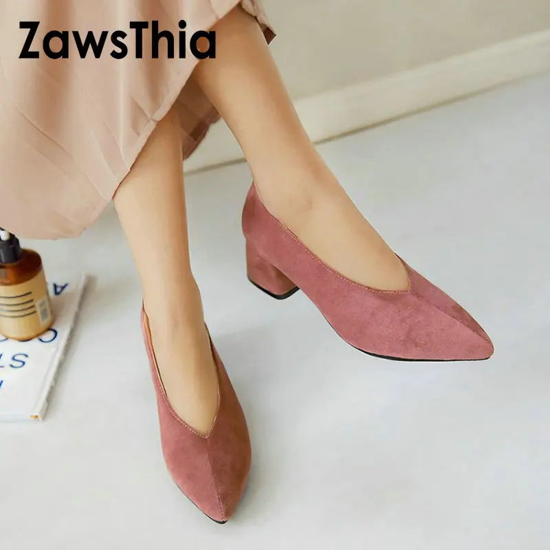

ZawsThia spring autumn pointed toe V cut design square chunky high heels fashion woman pumps party wedding retro women shoes