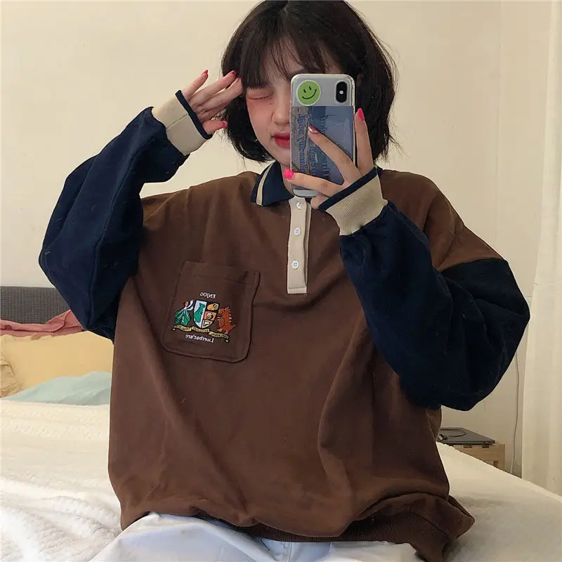 HOUZHOU Women Sweetshirts Kawaii Harajuku Pullovers Polo Sudaderas Vintage Clothes Korean Fashion Street Style Tops Patchwork