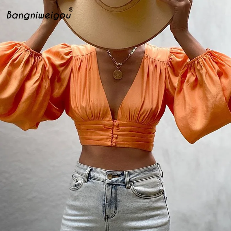 

Bangniweigou Deep V Neck Lantern Sleeve Short Blouse Women Autumn Elegant Hollow Button Up T Shirt Orange Black Green