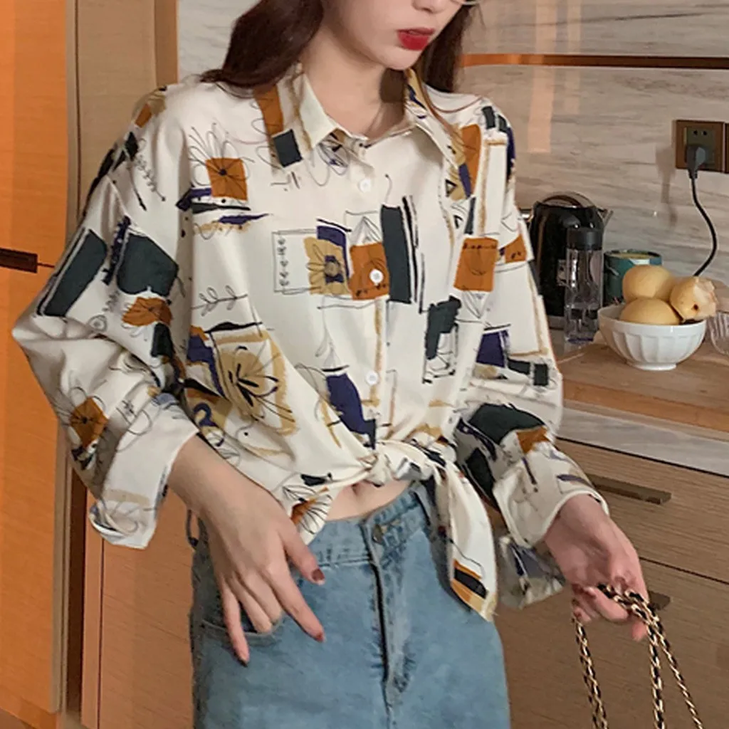 Блузка женская с геометрическим принтом длинным рукавом и отложным воротником |