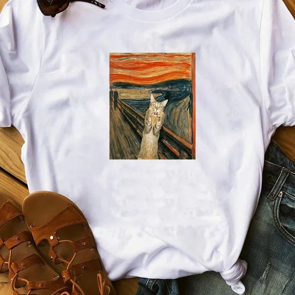 Женская забавная Футболка с принтом The Scream Cat летняя футболка графикой унисекс