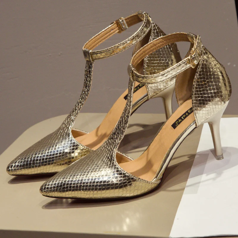 Женские босоножки на тонком высоком каблуке Яркие Кожаные туфли золотистого