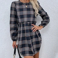 2021 early autumn european and american new plaid skirt casual loose long sleeve cinched pleated womens dress women fashion