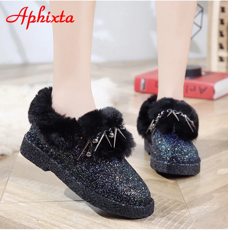 Сапоги aphixta; женские зимние ботильоны на плоской подошве; теплая женская обувь на платформе; женские меховые сапоги с круглым носком и металлической бахромой; Botas Mujer
