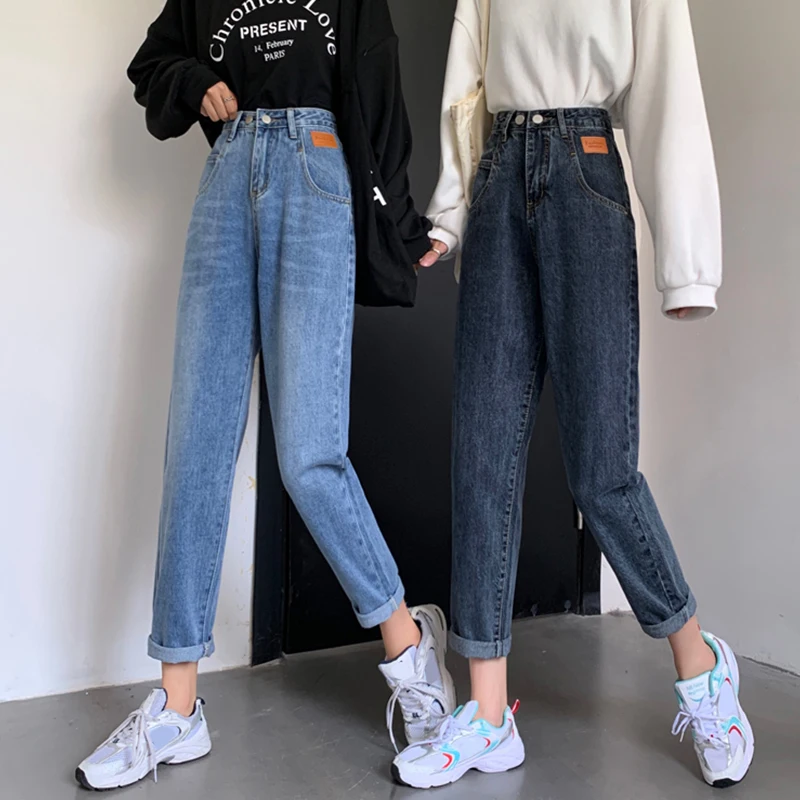 

Sister Fara Spring High Waist Jeans Woman Fashion Autumn Loose Ankle-Length Pants Double Button Straight Office Lady Denim Jeans