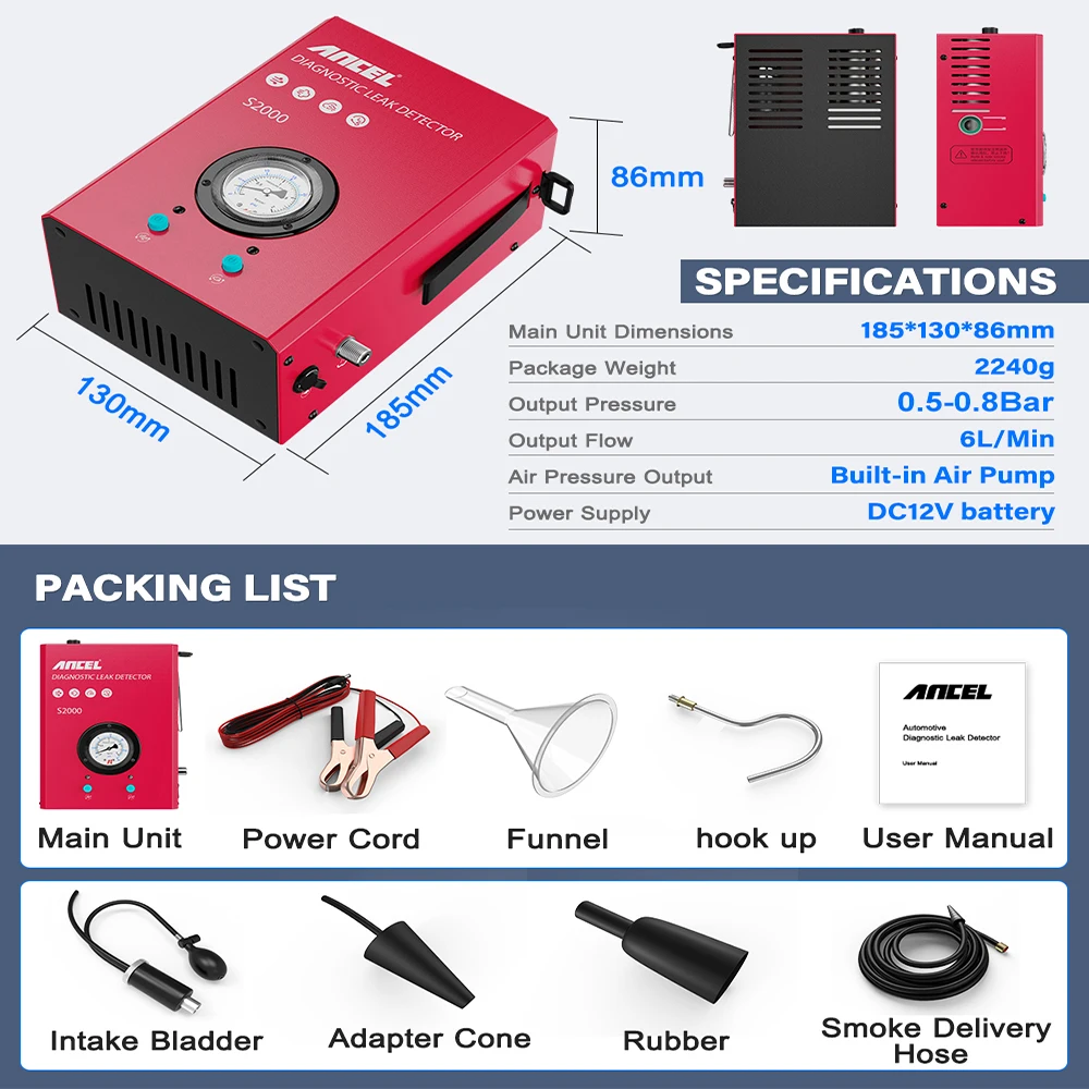 ANCEL S2000 Smoke Detector Car EVAP Pipe Leak Locator Analyzer Tester Automotive Vacuum Generator Diagnostic Tool |